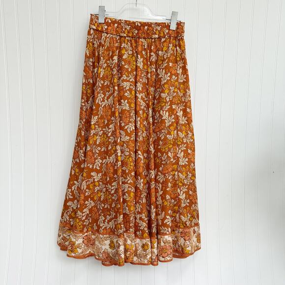 Zimmermann Andie Swing Gathered Floral Print Silk Midi Skirt Orange Beige Multi - Picture 6 of 14